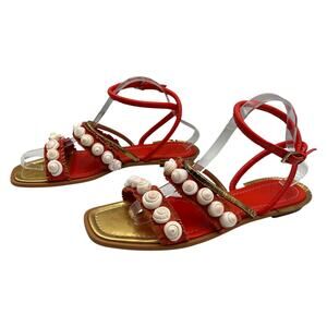 Tory Burch Sinclair Fringe Seashell Ankle Strap Flat Sandals Red Size 8.5M